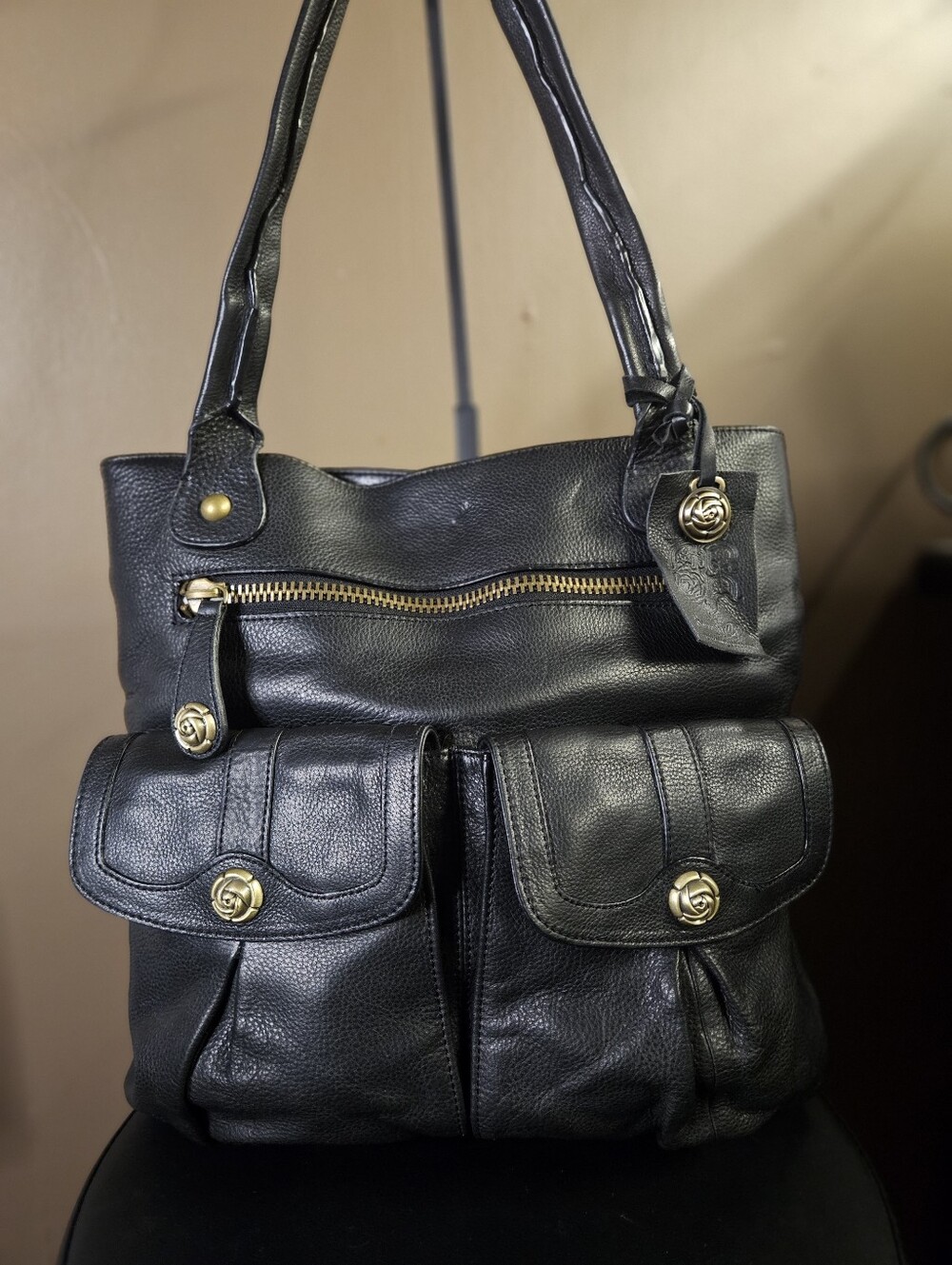 Rough Roses Multi Pocket Slouchy Leather Handbag- Black